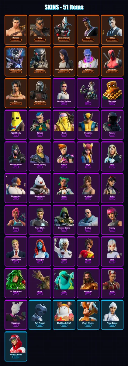 [SWITCH/XBOX/PSN/PC] | Menace | Joey | Eternal Knight | Fade | Midas | 51 skin | 68 pickaxe | 61 emote | 69 glider | Lv1103