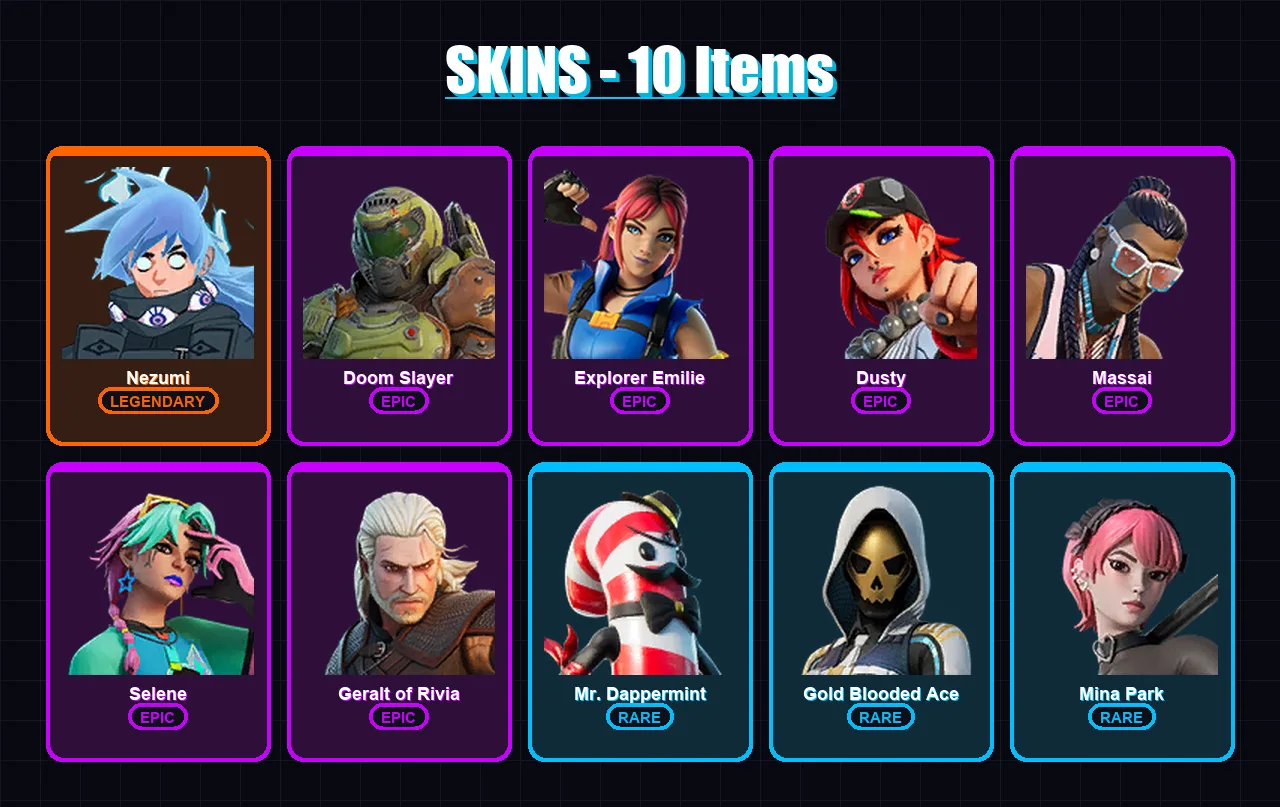 [PC/XBOX/PSN] | Nezumi | Doom Slayer | Explorer Emilie | Dusty | Massai | 10 skin | 11 pickaxe | 7 emote | 10 glider | Lv62