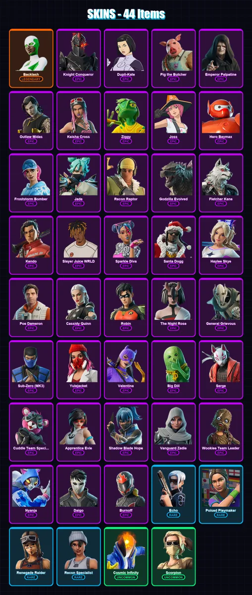 [PC/XBOX] | Backlash | Knight Conqueror | Dupli-Kate | Pig the Butcher | Emperor Palpatine | 44 skin | 75 pickaxe | 50 emote | 48 glider | Lv1083