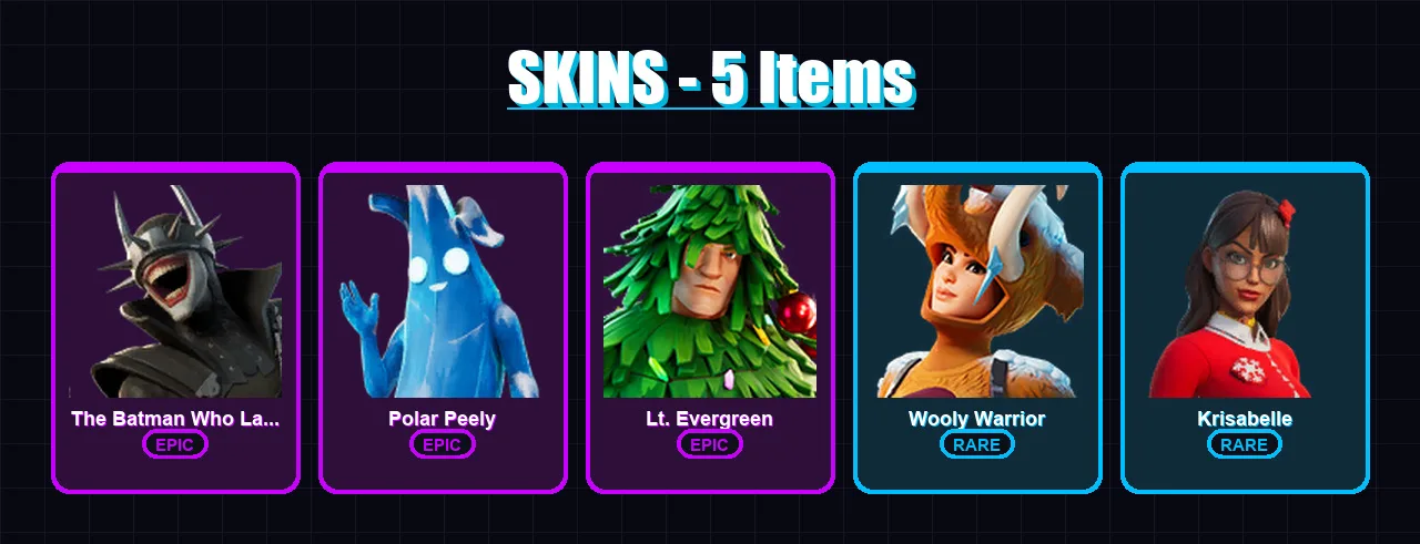 [PC/XBOX/PSN] | The Batman Who Laughs | Polar Peely | Lt. Evergreen | Wooly Warrior | Krisabelle | 5 skin | 9 pickaxe | 13 emote | 10 glider | Lv124