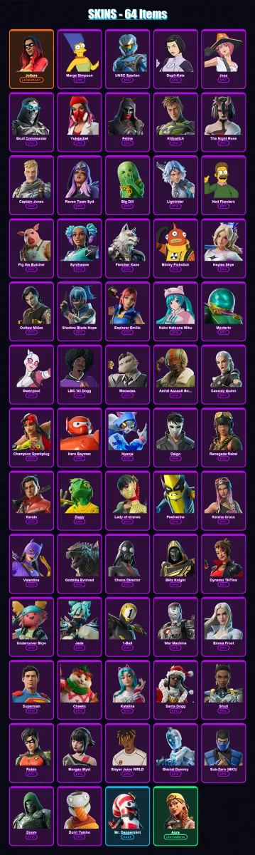 [PS4/PS5/XBOX/PC] | Joltara | Marge Simpson | UNSC Spartan | Dupli-Kate | Joss | 64 skin | 138 pickaxe | 73 emote | 89 glider | Lv1534