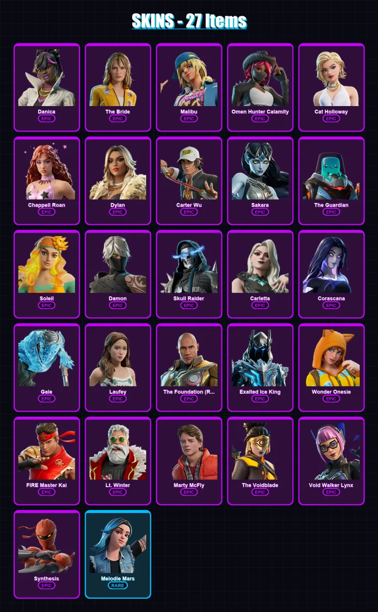 [PC/PSN] | Danica | The Bride | Malibu | Omen Hunter Calamity | Cat Holloway | 27 skin | 24 pickaxe | 11 emote | 13 glider | Lv56