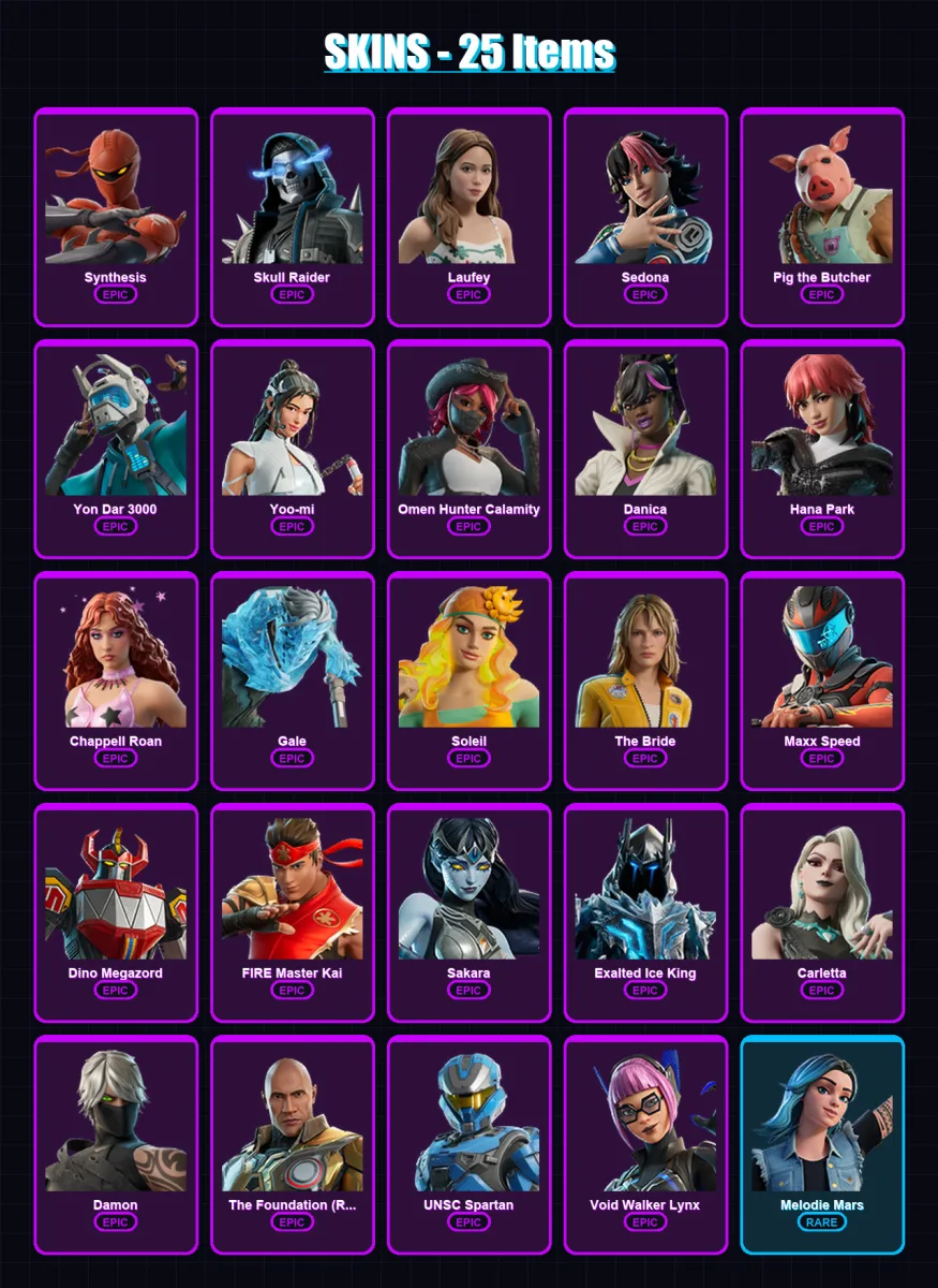 [PC/PSN] | Synthesis | Skull Raider | Laufey | Sedona | Pig the Butcher | 25 skin | 21 pickaxe | 10 emote | 7 glider | Lv40 — Fortnite account