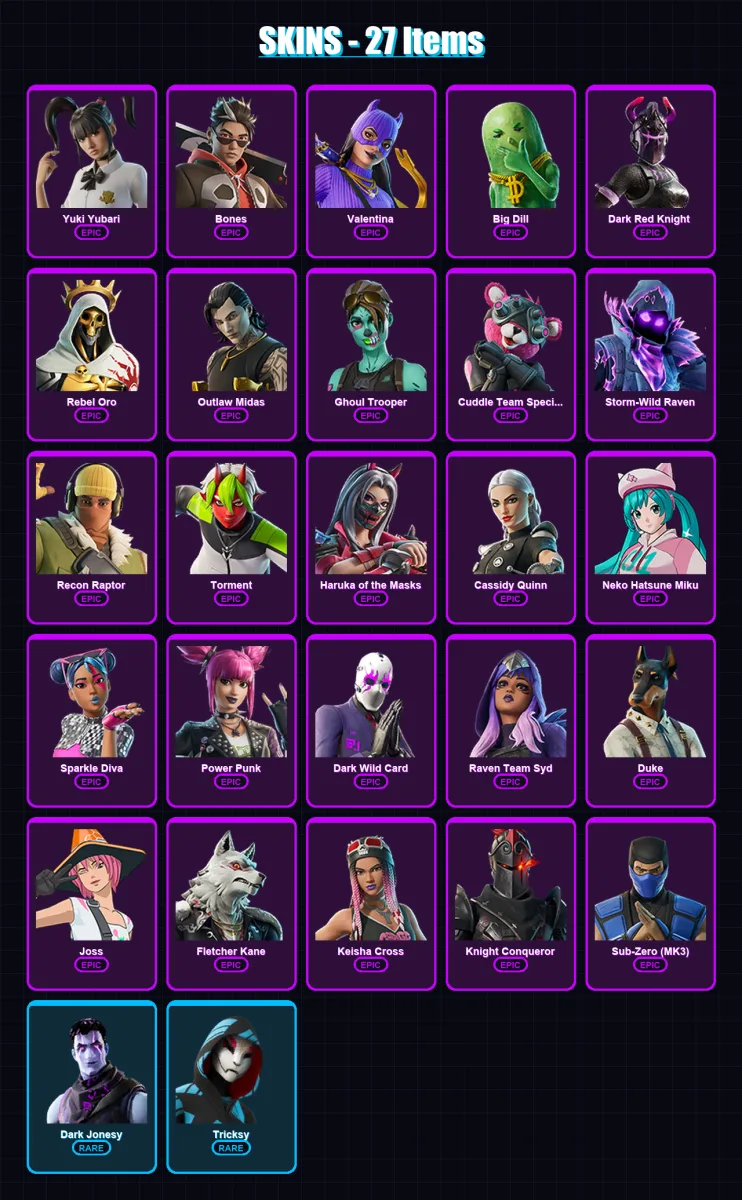 [PC/PSN] | Yuki Yubari | Bones | Valentina | Big Dill | Dark Red Knight  | 27 skin | 35 pickaxe | 27 emote | 19 glider | Lv130