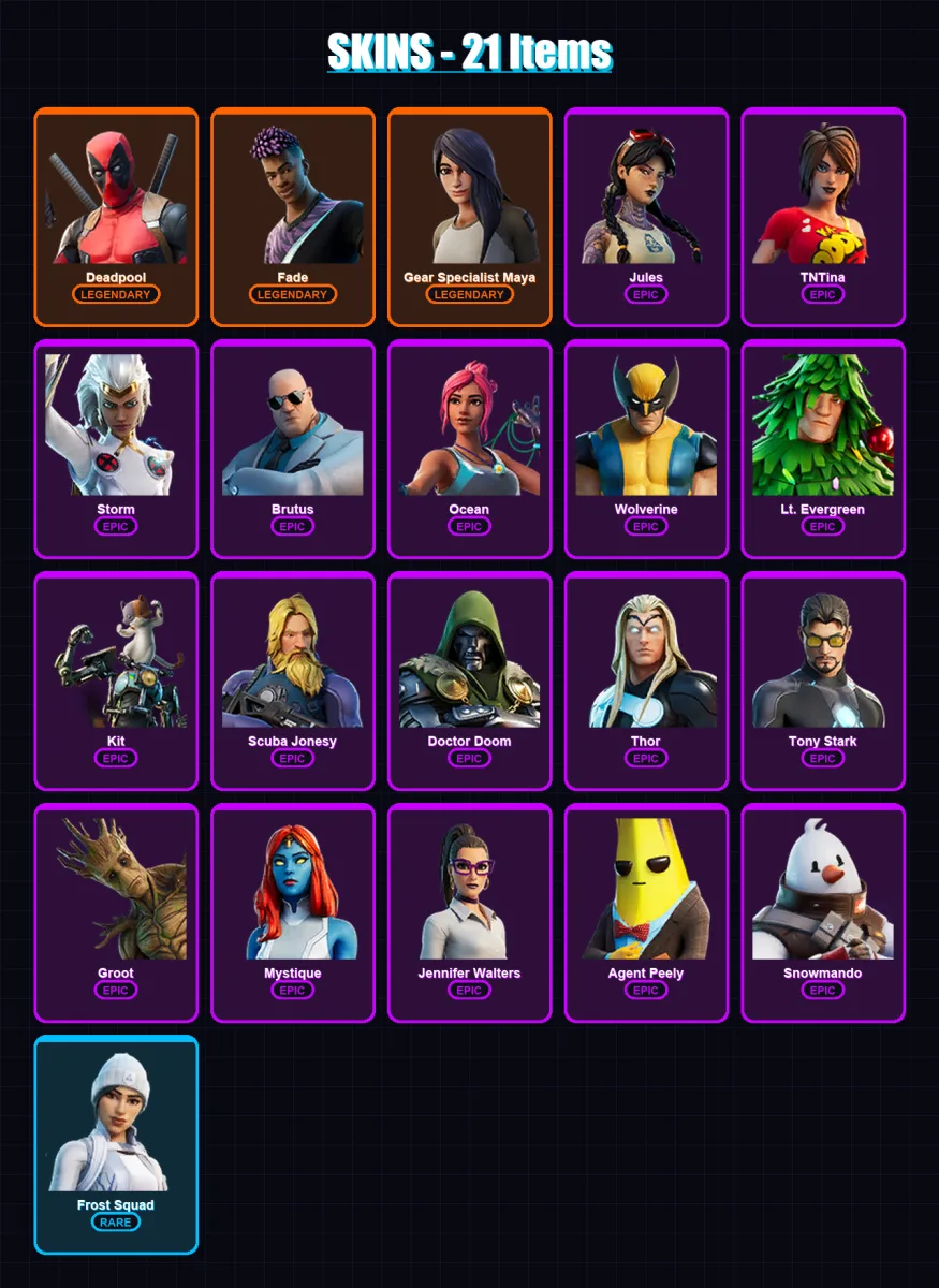 [PC/XBOX/PSN] | Deadpool | Fade | Gear Specialist Maya | Jules | TNTina | 21 skin | 22 pickaxe | 28 emote | 31 glider | Lv453