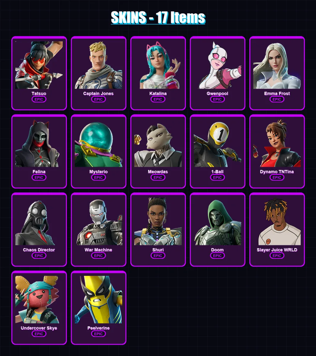 [PC/XBOX/PSN] | Tatsuo | Captain Jones | Katalina | Gwenpool | Emma Frost | 17 skin | 34 pickaxe | 25 emote | 27 glider | Lv327