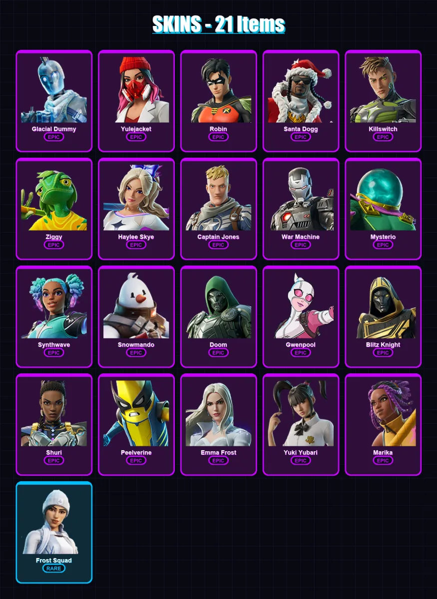 [PC/XBOX/PSN] | Glacial Dummy | Yulejacket | Robin | Santa Dogg | Killswitch | 21 skin | 49 pickaxe | 29 emote | 35 glider | Lv440