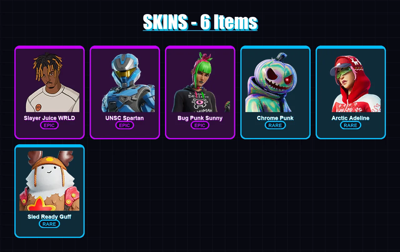 [PC/XBOX/PSN] | Slayer Juice WRLD | UNSC Spartan | Bug Punk Sunny | Chrome Punk | Arctic Adeline | 6 skin | 31 pickaxe | 13 emote | 32 glider | Lv56