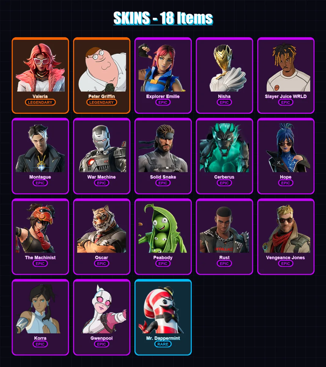 [PC] | Valeria | Peter Griffin | Explorer Emilie | Nisha | Slayer Juice WRLD | 18 skin | 40 pickaxe | 26 emote | 25 glider | Lv321