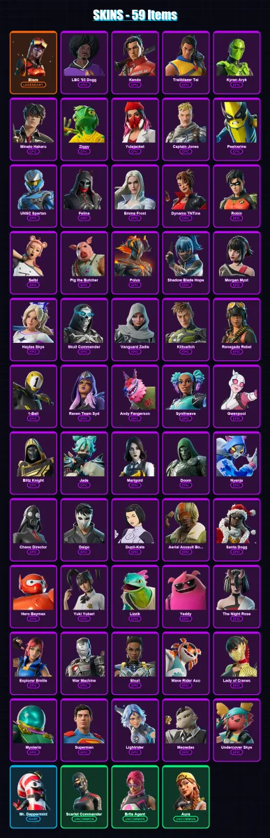 [PC/XBOX/PSN] | Blaze | LBC '93 Dogg | Kendo | Trailblazer Tai | Kyran Aryk | 59 skin | 107 pickaxe | 81 emote | 73 glider | Lv2126