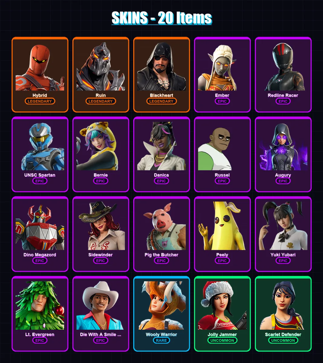[PC/XBOX/PSN] | Hybrid | Ruin | Blackheart | Ember | Redline Racer | 20 skin | 48 pickaxe | 31 emote | 34 glider | Lv496