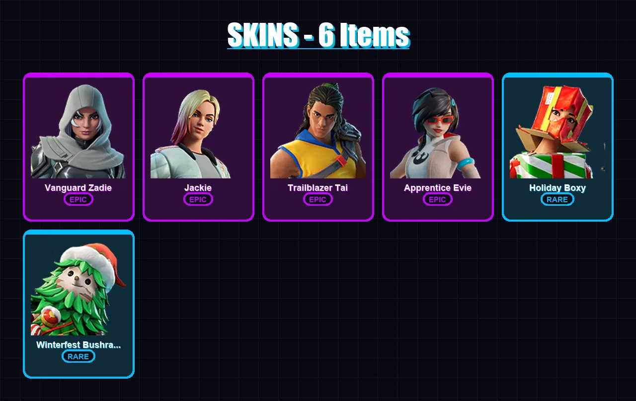 [PC/XBOX/PSN] | Vanguard Zadie | Jackie | Trailblazer Tai | Apprentice Evie | Holiday Boxy | 6 skin | 22 pickaxe | 13 emote | 23 glider | Lv285