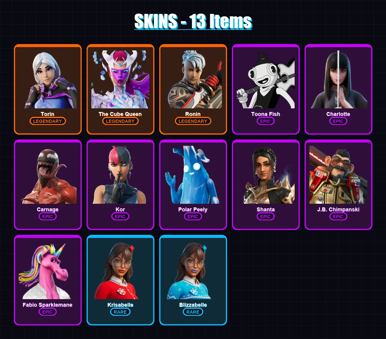 [PC/XBOX/PSN] | Torin | The Cube Queen | Ronin | Toona Fish | Charlotte | 13 skin | 13 pickaxe | 9 emote | 12 glider | Lv124