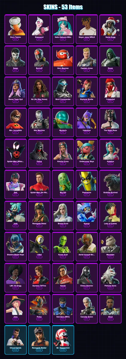 [PC/XBOX] | Durrr Taisho | Gwenpool | Neko Hatsune Miku | Slayer Juice WRLD | Santa Dogg | 53 skin | 72 pickaxe | 54 emote | 42 glider | Lv964 — Fortnite account
