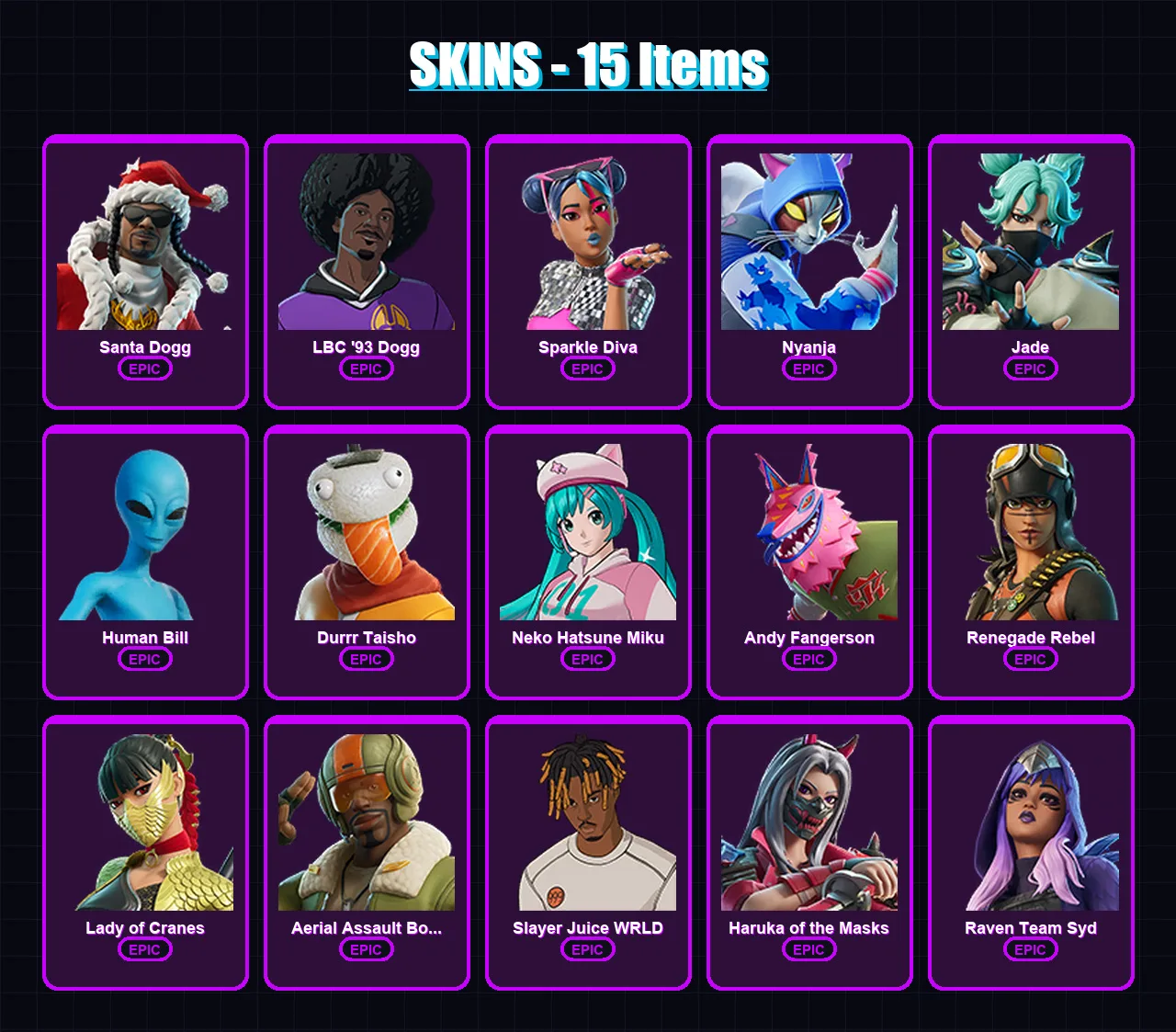[PC/XBOX/PSN] | Santa Dogg | LBC '93 Dogg | Sparkle Diva | Nyanja | Jade | 15 skin | 26 pickaxe | 12 emote | 15 glider | Lv136