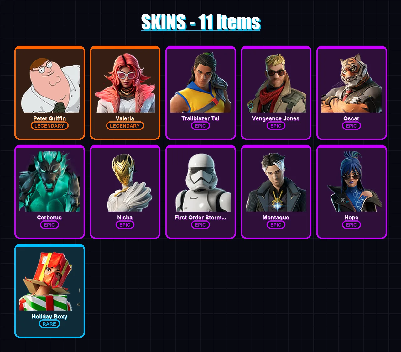 [PC] | Peter Griffin | Valeria | Trailblazer Tai | Vengeance Jones | Oscar | 11 skin | 19 pickaxe | 7 emote | 15 glider | Lv201