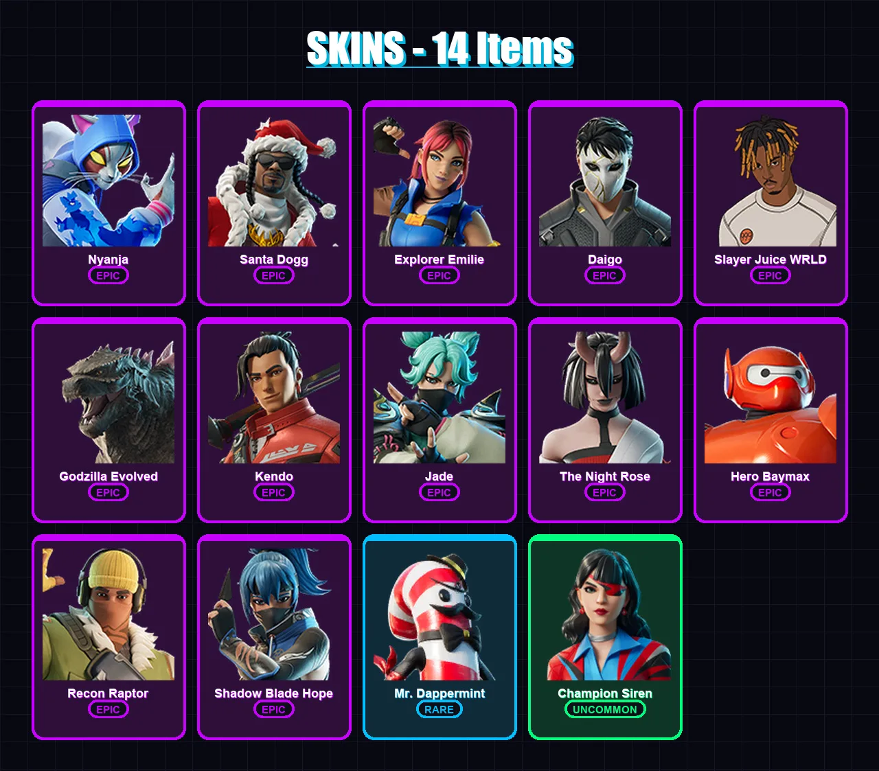 [PC/XBOX/PSN] | Nyanja | Santa Dogg | Explorer Emilie | Daigo | Slayer Juice WRLD | 14 skin | 47 pickaxe | 23 emote | 29 glider | Lv431