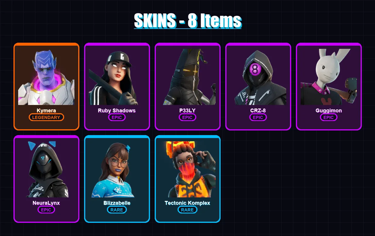 [PC/XBOX/PSN] | Kymera | Ruby Shadows | P33LY | CRZ-8 | Guggimon | 8 skin | 23 pickaxe | 16 emote | 20 glider | Lv238