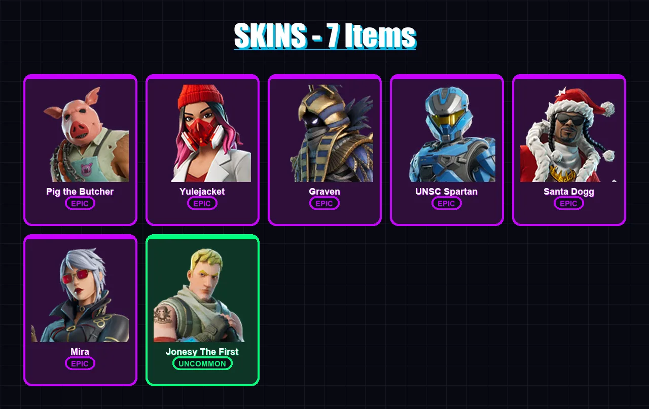 [PC/XBOX/PSN] | Pig the Butcher | Yulejacket | Graven | UNSC Spartan | Santa Dogg | 7 skin | 40 pickaxe | 16 emote | 25 glider | Lv298