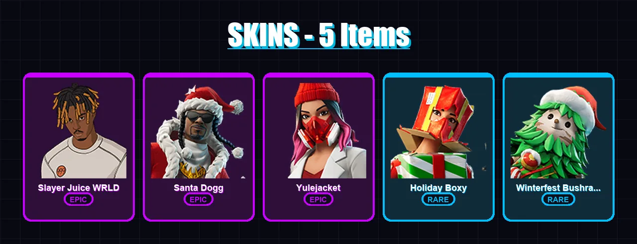 [PC/XBOX/PSN] | Slayer Juice WRLD | Santa Dogg | Yulejacket | Holiday Boxy | Winterfest Bushranger | 5 skin | 11 pickaxe | 4 emote | 8 glider | Lv86