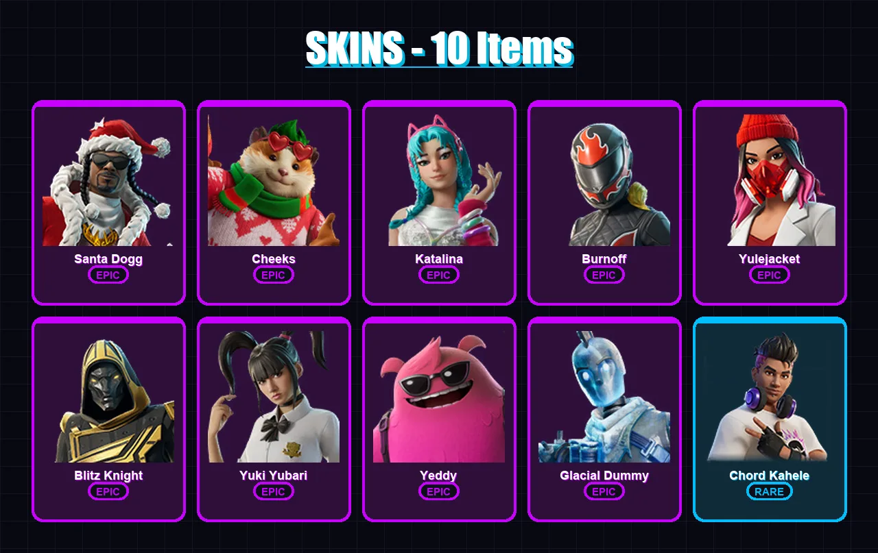 [PC/XBOX/PSN] | Santa Dogg | Cheeks | Katalina | Burnoff | Yulejacket | 10 skin | 51 pickaxe | 22 emote | 33 glider | Lv420