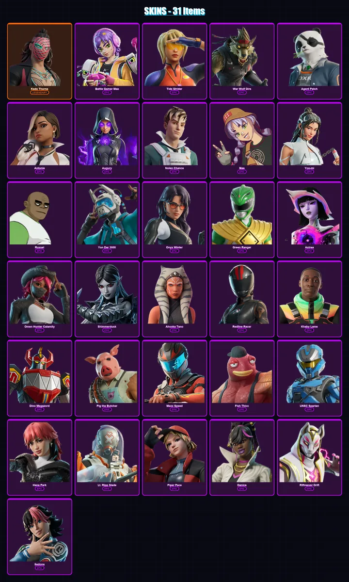 [PS4/PS5/XBOX/PC] | Kado Thorne | Battle Gamer Mae | Tide Strider | War Wolf Dire | Agent Patch | 31 skin | 42 pickaxe | 33 emote | 22 glider | Lv25