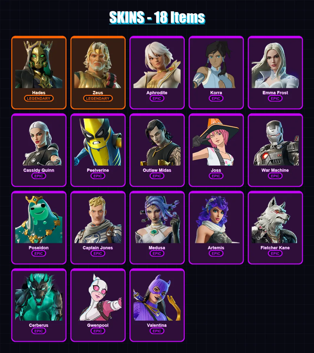 [PC/XBOX/PSN] | Hades | Zeus | Aphrodite | Korra | Emma Frost | 18 skin | 33 pickaxe | 26 emote | 28 glider | Lv325