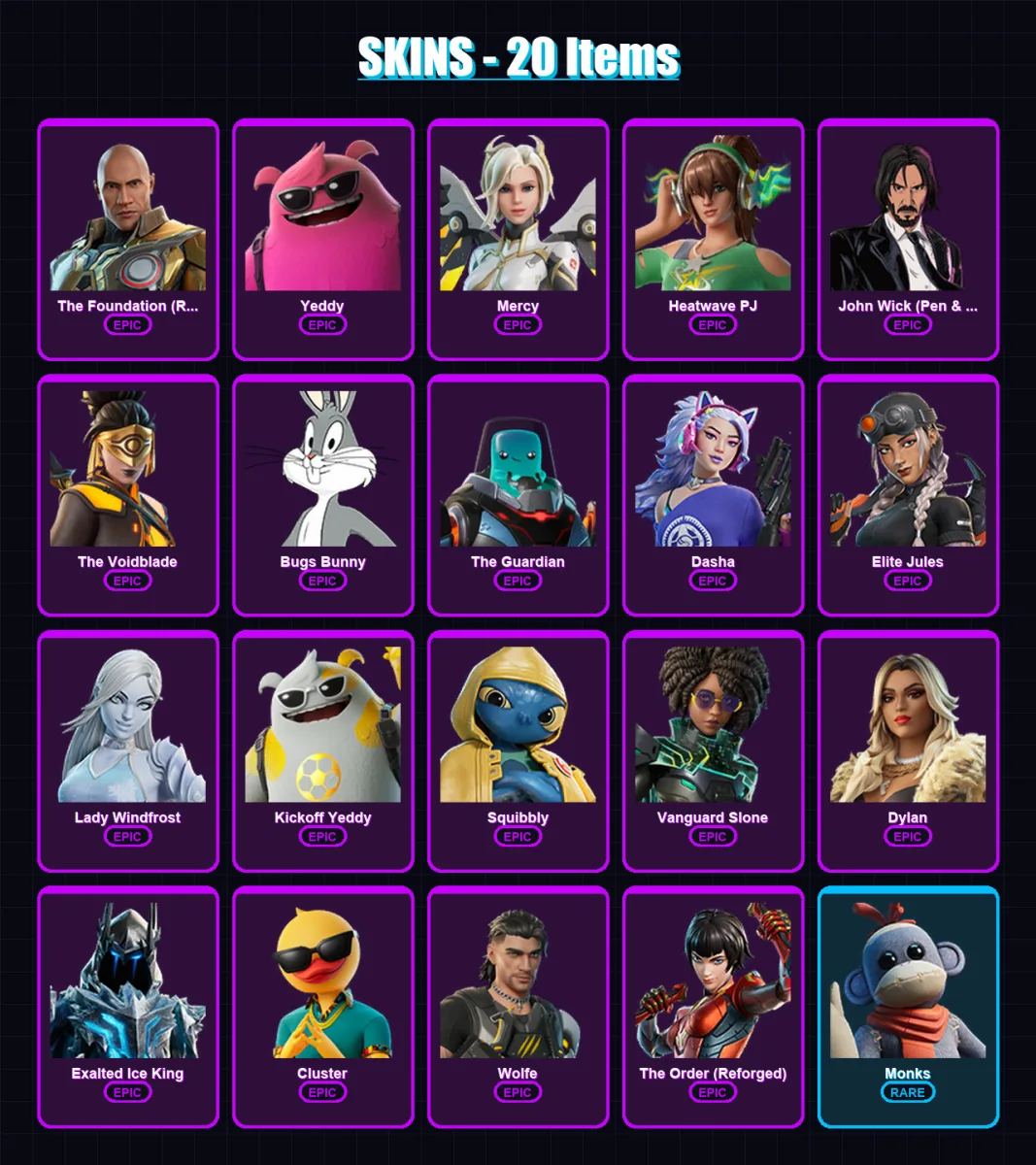 [PC/XBOX] | The Foundation (Reforged) | Yeddy | Mercy | Heatwave PJ | John Wick (Pen & Ink) | 20 skin | 28 pickaxe | 26 emote | 26 glider | Lv523