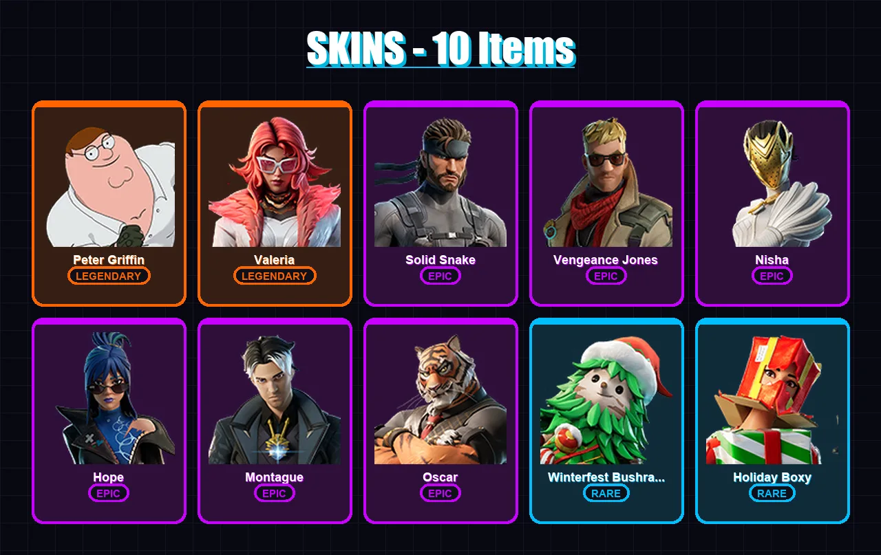 [PC/XBOX/PSN] | Peter Griffin | Valeria | Solid Snake | Vengeance Jones | Nisha | 10 skin | 10 pickaxe | 6 emote | 12 glider | Lv108