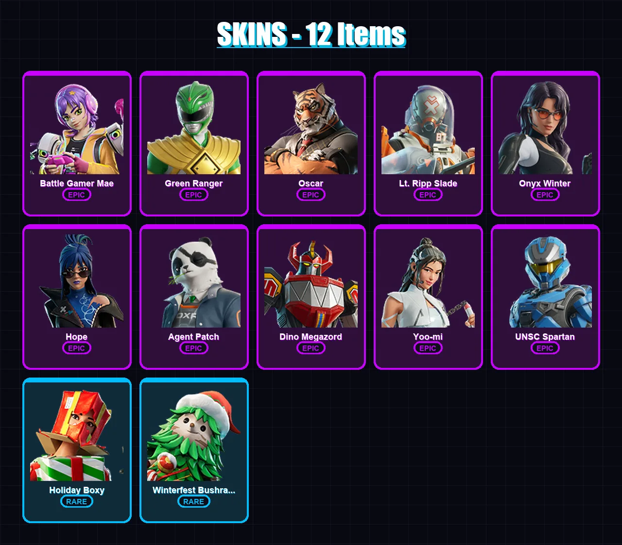 [PC/XBOX/PSN] | Battle Gamer Mae | Green Ranger | Oscar | Lt. Ripp Slade | Onyx Winter | 12 skin | 27 pickaxe | 14 emote | 17 glider | Lv218