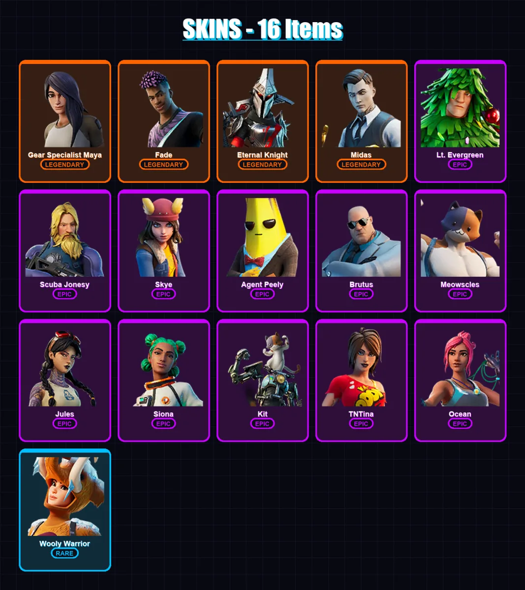 [PC/XBOX/PSN] | Gear Specialist Maya | Fade | Eternal Knight | Midas | Lt. Evergreen | 16 skin | 20 pickaxe | 31 emote | 25 glider | Lv292