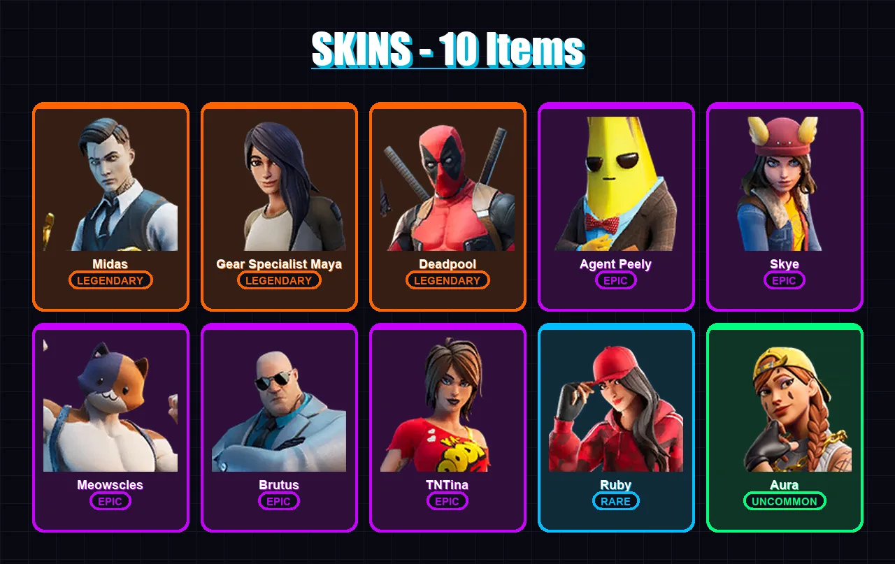 [PC/XBOX/PSN] | Midas | Gear Specialist Maya | Deadpool | Agent Peely | Skye | 10 skin | 10 pickaxe | 13 emote | 12 glider | Lv217 — Fortnite account