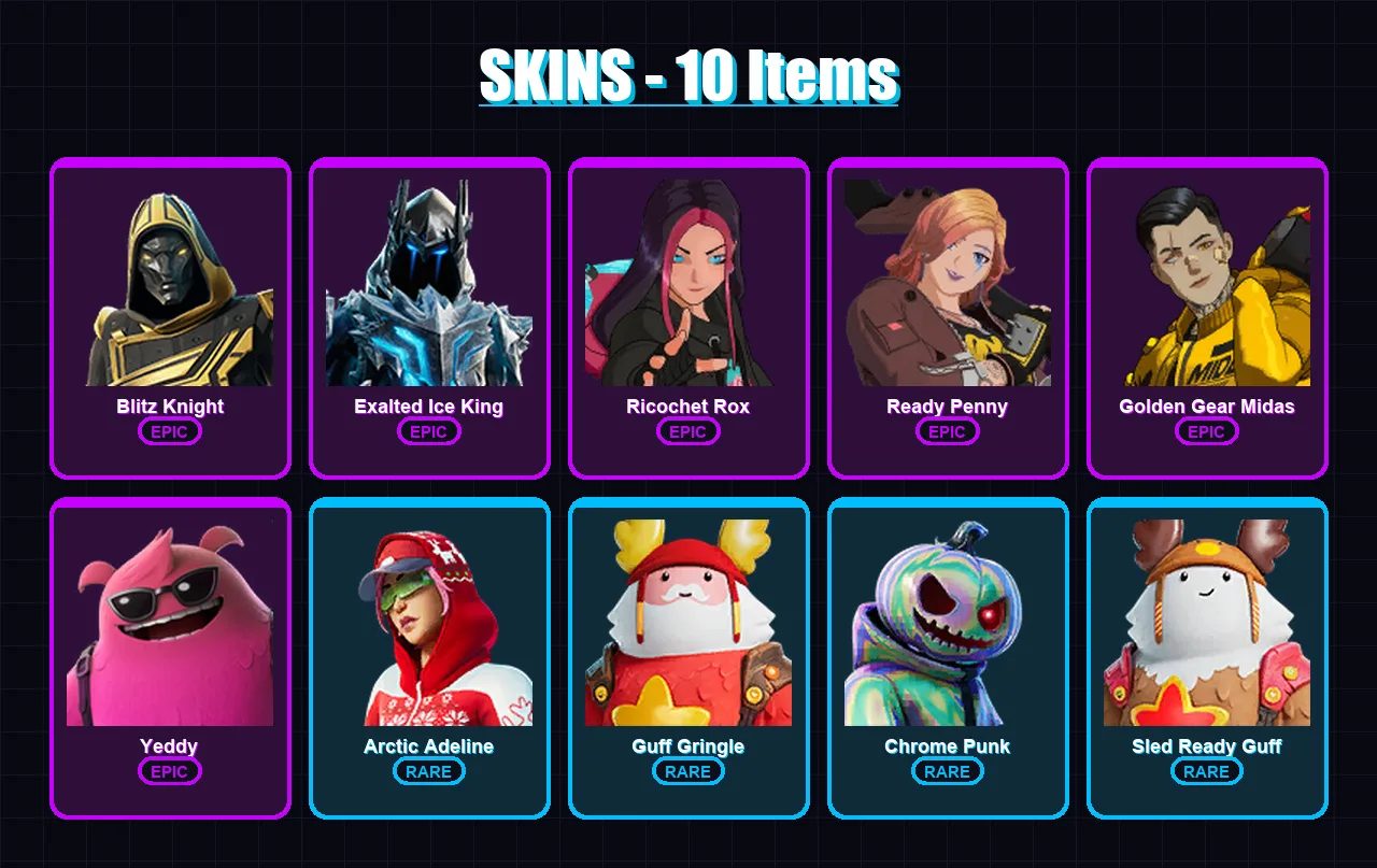 [PC] | Blitz Knight | Exalted Ice King | Ricochet Rox | Ready Penny | Golden Gear Midas | 10 skin | 42 pickaxe | 25 emote | 37 glider | Lv505