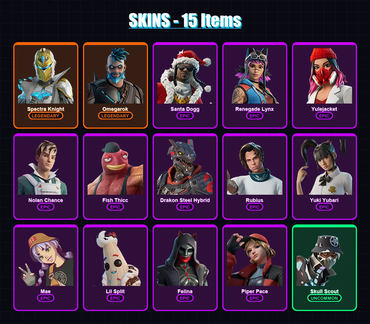 [PC/XBOX/PSN] | Spectra Knight | Omegarok | Santa Dogg | Renegade Lynx | Yulejacket | 15 skin | 57 pickaxe | 27 emote | 38 glider | Lv629