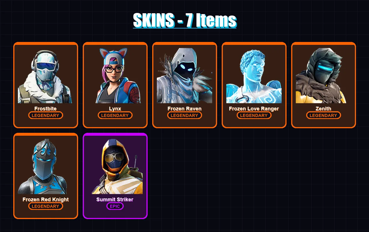 [PS4/PS5/XBOX/PC] | Frostbite | Lynx | Frozen Raven | Frozen Love Ranger | Zenith | 7 skin | 4 pickaxe | 4 emote | 3 glider | Lv39