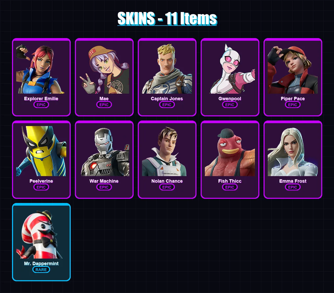 [PC/XBOX/PSN] | Explorer Emilie | Mae | Captain Jones | Gwenpool | Piper Pace | 11 skin | 12 pickaxe | 12 emote | 12 glider | Lv135