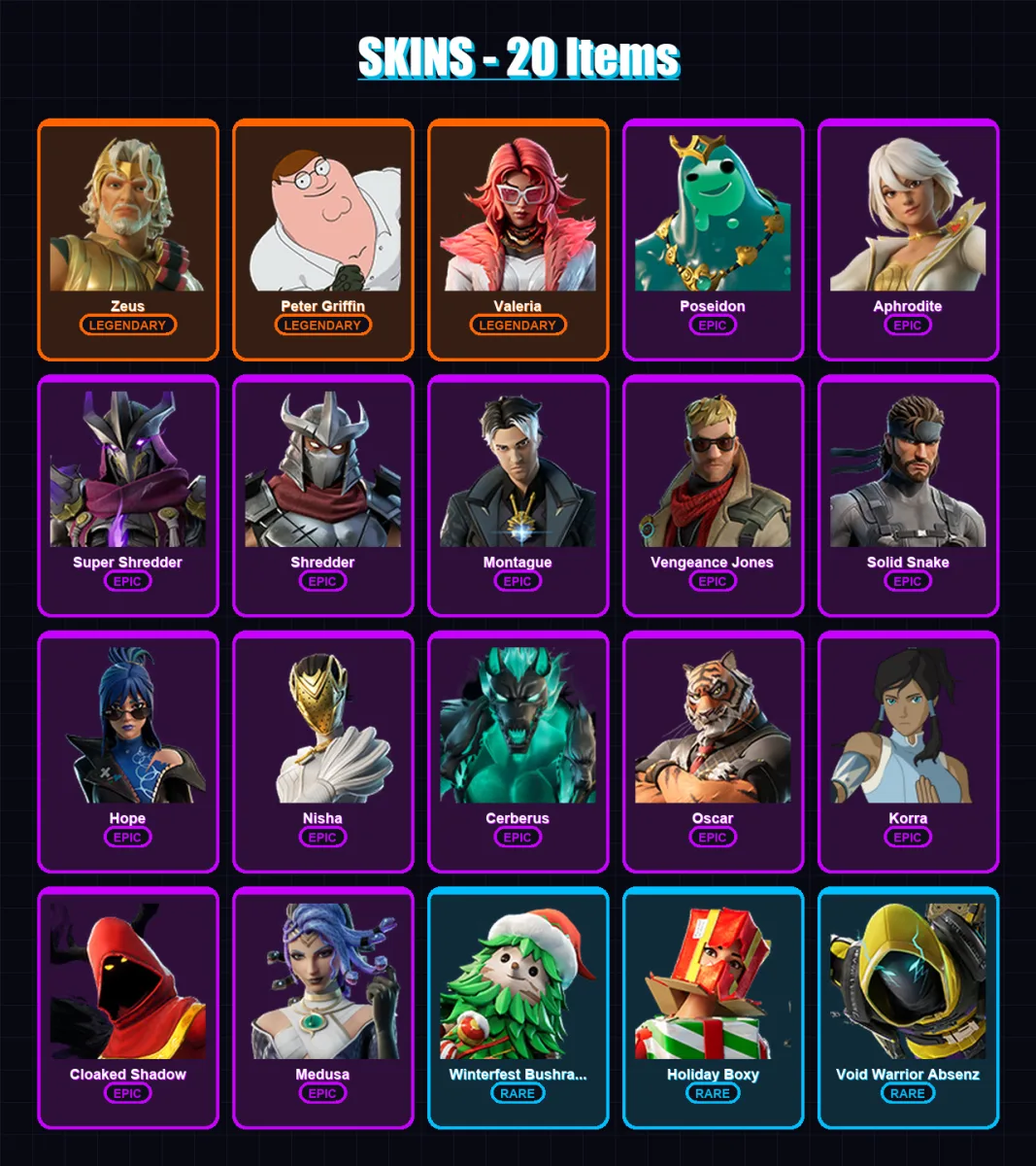 [PC/XBOX/PSN] | Zeus | Peter Griffin | Valeria | Poseidon | Aphrodite | 20 skin | 19 pickaxe | 18 emote | 20 glider | Lv209