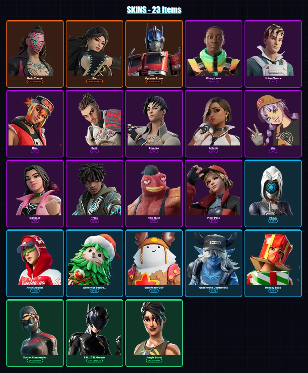 [PC/XBOX/PSN] | Kado Thorne | Era | Optimus Prime | Khaby Lame | Nolan Chance | 23 skin | 33 pickaxe | 32 emote | 31 glider | Lv576