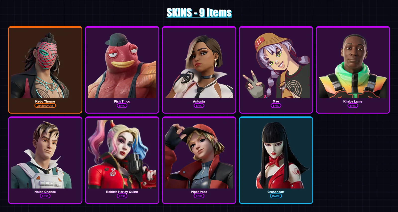 [PC/XBOX/PSN] | Kado Thorne | Fish Thicc | Antonia | Mae | Khaby Lame | 9 skin | 13 pickaxe | 18 emote | 13 glider | Lv141