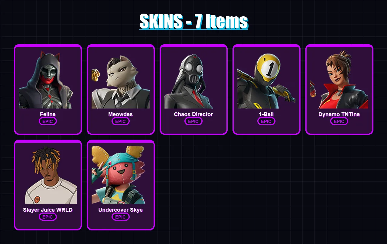 [PC/XBOX/PSN] | Felina | Meowdas | Chaos Director | 1-Ball | Dynamo TNTina | 7 skin | 26 pickaxe | 16 emote | 20 glider | Lv396