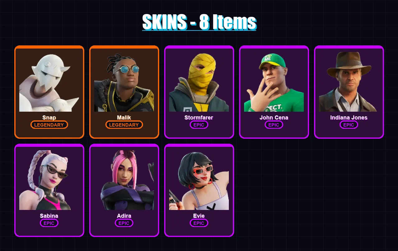 [PC/XBOX/PSN] | Snap | Malik | Stormfarer | John Cena | Indiana Jones | 8 skin | 11 pickaxe | 9 emote | 10 glider | Lv103
