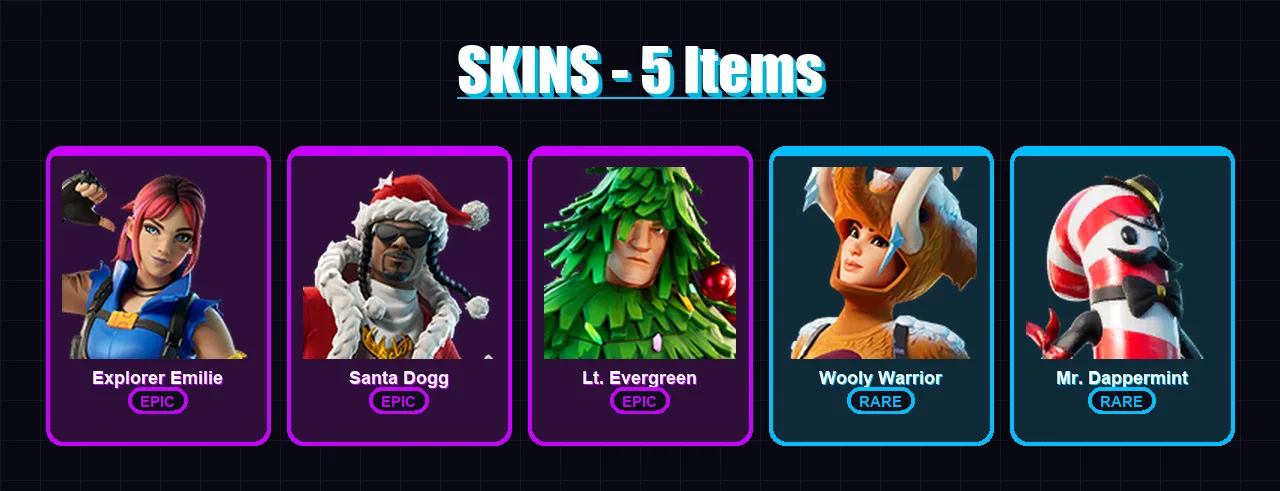 [PS4/PS5/XBOX/PC] | Explorer Emilie | Santa Dogg | Lt. Evergreen | Wooly Warrior | Mr. Dappermint | 5 skin | 8 pickaxe | 9 emote | 10 glider | Lv128