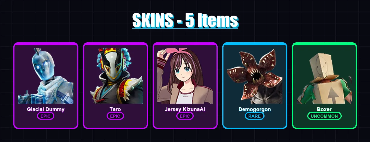[PC/XBOX/PSN] | Glacial Dummy | Taro | Jersey KizunaAI | Demogorgon | Boxer | 5 skin | 21 pickaxe | 12 emote | 13 glider | Lv233