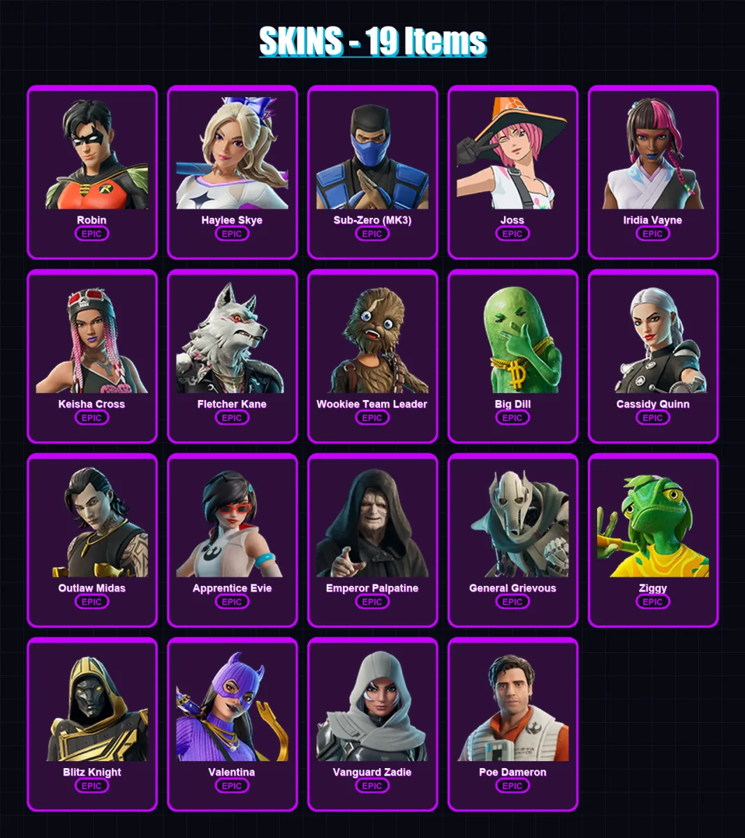 [PC/XBOX] | Robin | Haylee Skye | Sub-Zero (MK3) | Joss | Iridia Vayne | 19 skin | 50 pickaxe | 31 emote | 34 glider | Lv545 — Fortnite account
