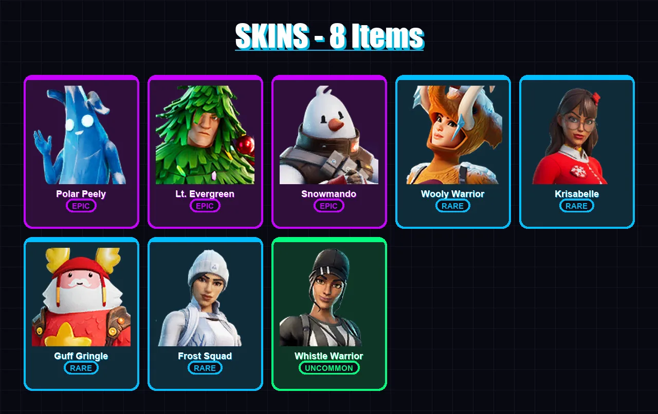 [PC/PSN] | Polar Peely | Lt. Evergreen | Snowmando | Wooly Warrior | Krisabelle | 8 skin | 31 pickaxe | 31 emote | 37 glider | Lv836