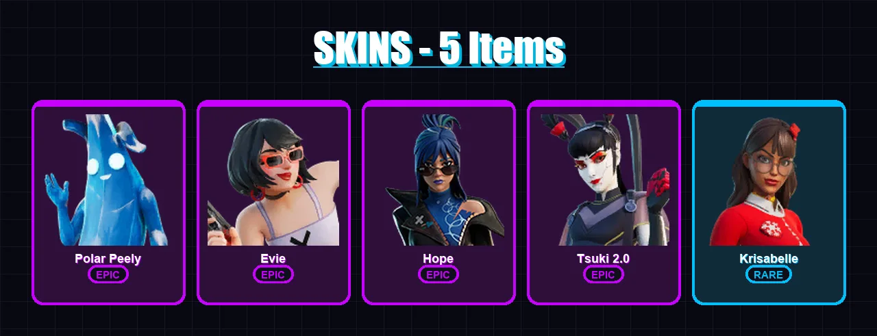 [PC/XBOX/PSN] | Polar Peely | Evie | Hope | Tsuki 2.0 | Krisabelle | 5 skin | 11 pickaxe | 10 emote | 10 glider | Lv179