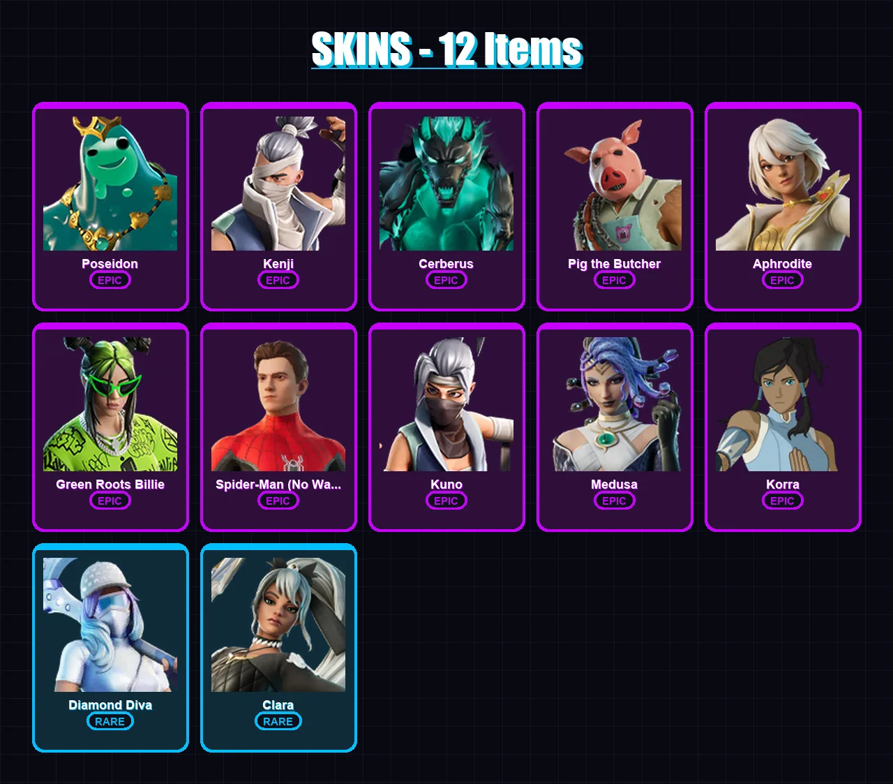 [PC/XBOX/PSN] | Poseidon | Kenji | Cerberus | Pig the Butcher | Aphrodite | 12 skin | 18 pickaxe | 22 emote | 18 glider | Lv249