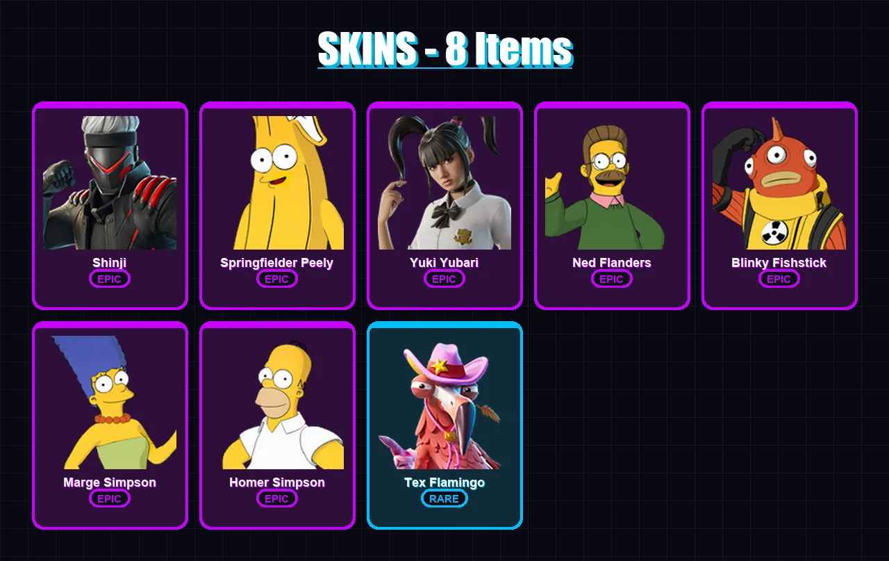 [PS4/PS5/XBOX/PC] | Shinji | Springfielder Peely | Yuki Yubari | Ned Flanders | Blinky Fishstick | 8 skin | 22 pickaxe | 9 emote | 14 glider | Lv99