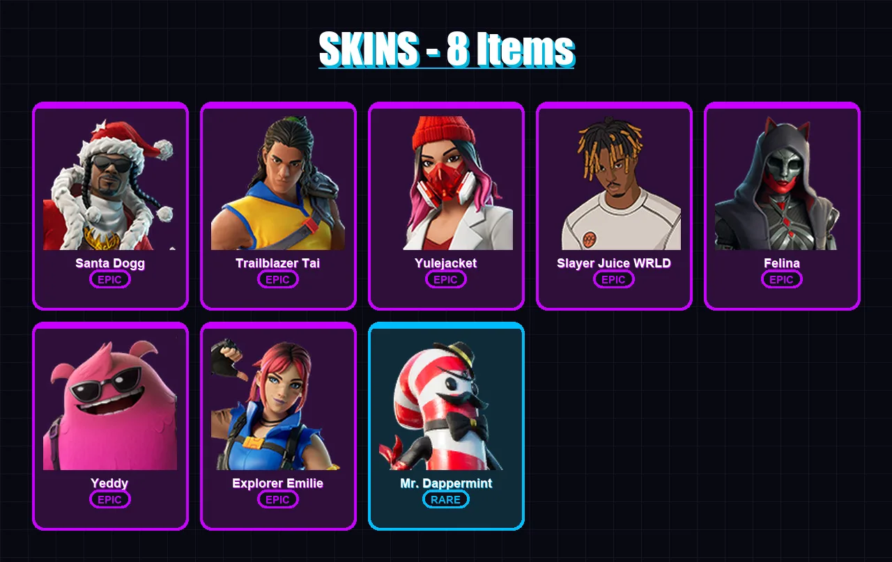 [PC/XBOX] | Santa Dogg | Trailblazer Tai | Yulejacket | Slayer Juice WRLD | Felina | 8 skin | 40 pickaxe | 19 emote | 29 glider | Lv769