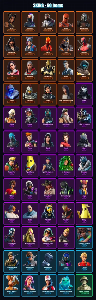[PC/XBOX/PSN] | Luxe | Catalyst | The Scientist | Hybrid | Mandalorian | 60 skin | 55 pickaxe | 65 emote | 54 glider | Lv1220 — Fortnite account